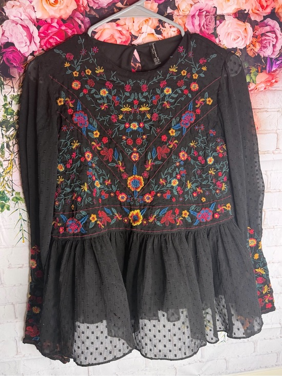 Zara Tops - Zara Trafaluc Collection Black Floral Embroidered Swiss Dot Peplum Blouse